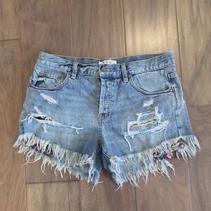 Free People We The Free Distressed Denim Shorts Floral Mesh Size 29 Boho